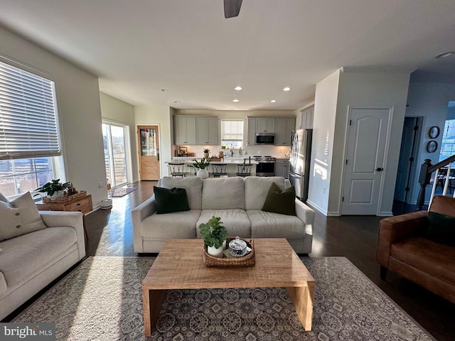 living area featuring dark wood-type flooring, plenty of natural light, recessed lighting, and baseboards