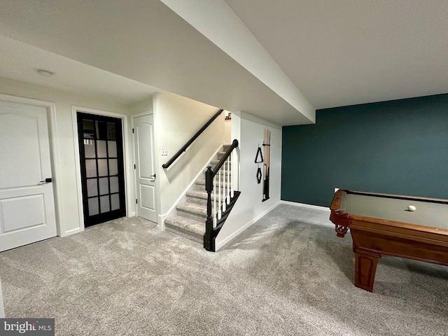 recreation room featuring billiards, baseboards, and carpet floors