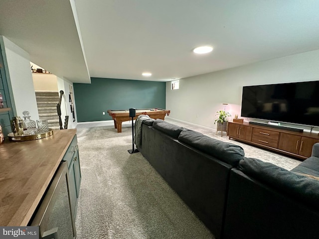 living area with pool table, stairway, baseboards, and light carpet