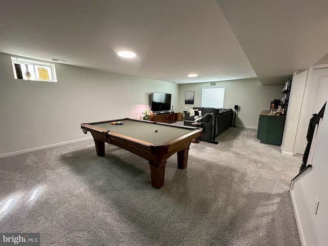 game room featuring pool table, carpet flooring, and baseboards