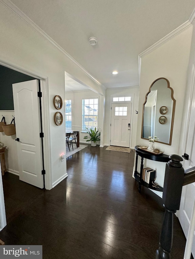 entrance foyer with crown molding, baseboards, and wood finished floors