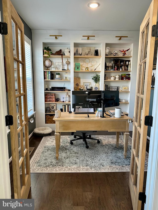 office space with dark wood finished floors and french doors