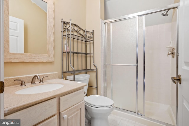 full bathroom featuring vanity, a shower stall, toilet, and tile patterned flooring