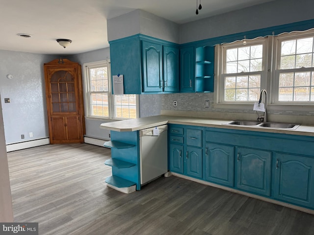 kitchen featuring blue cabinets, open shelves, a sink, a baseboard radiator, and dishwasher