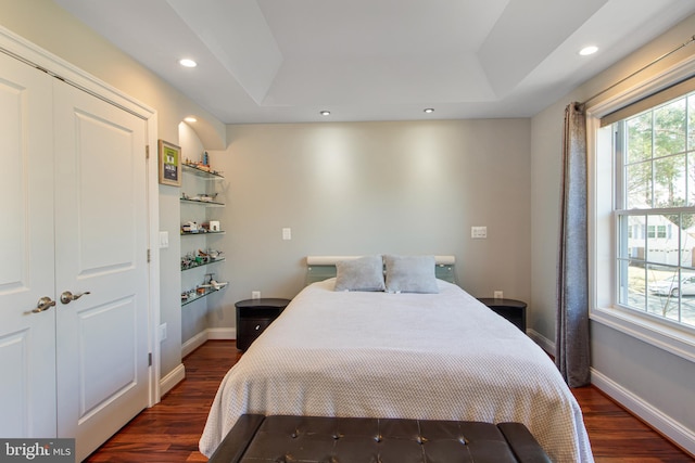 bedroom with dark wood finished floors, multiple windows, and baseboards