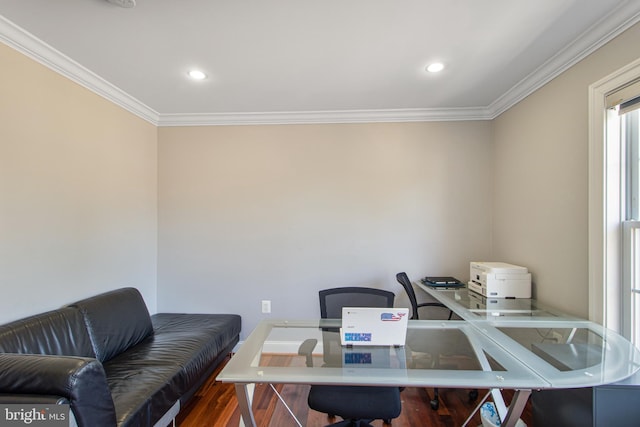 office with recessed lighting, wood finished floors, and ornamental molding