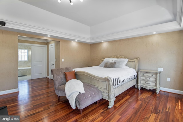 bedroom featuring hardwood / wood-style floors, baseboards, recessed lighting, crown molding, and a raised ceiling