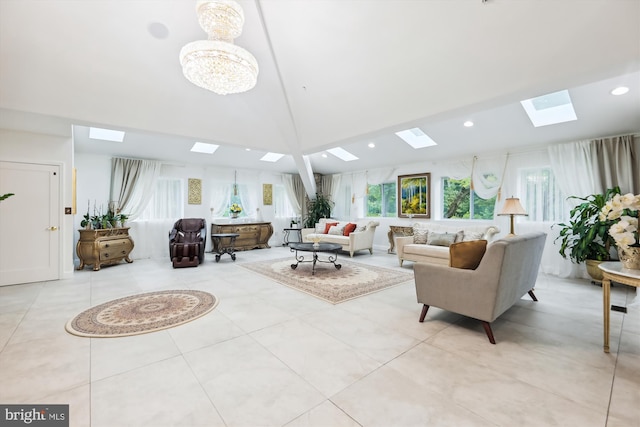 living room with a skylight, light tile patterned floors, recessed lighting, and high vaulted ceiling