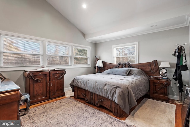 bedroom with recessed lighting, baseboards, vaulted ceiling, and light wood finished floors