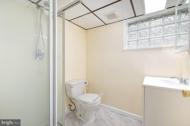 full bath with visible vents, a stall shower, and vanity