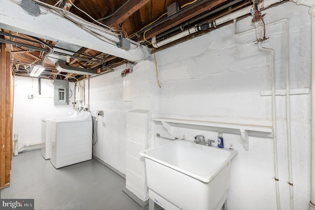 laundry room with electric panel, laundry area, independent washer and dryer, and a sink