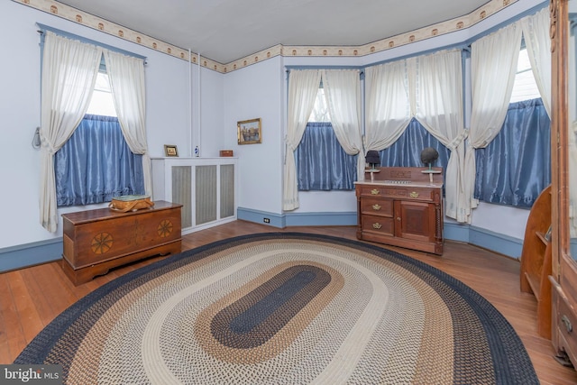 bedroom featuring multiple windows, wood finished floors, and baseboards