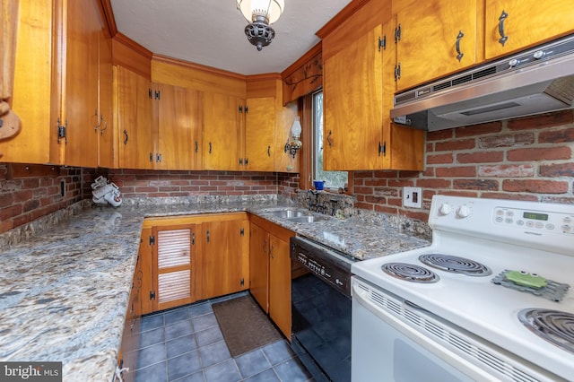 kitchen with under cabinet range hood, dishwasher, brown cabinets, electric stove, and a sink