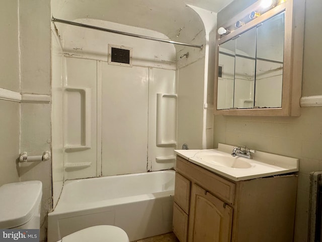 bathroom featuring shower / tub combination, visible vents, toilet, and vanity