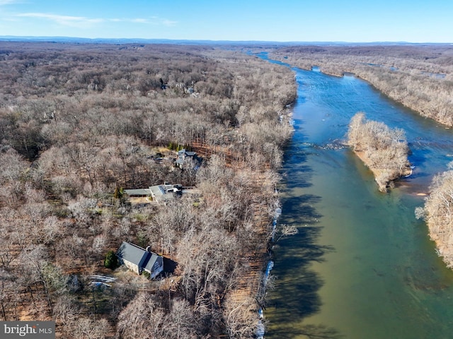 birds eye view of property featuring a forest view and a water view