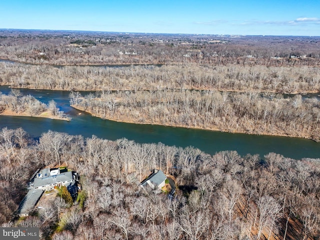 birds eye view of property featuring a water view and a wooded view