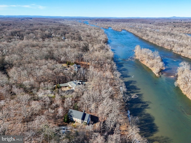 bird's eye view featuring a view of trees and a water view