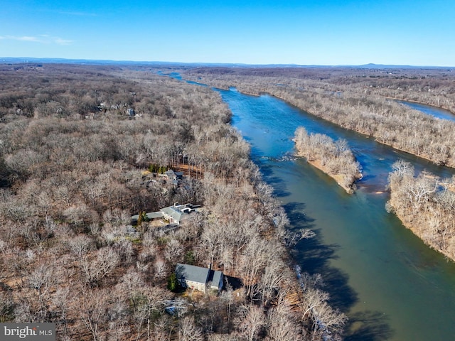 birds eye view of property with a forest view and a water view