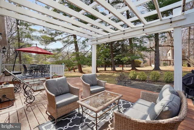 wooden terrace with outdoor lounge area, outdoor dining space, and a pergola