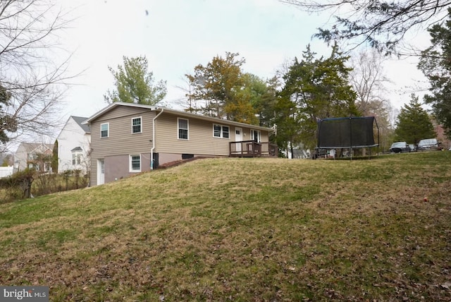 back of house with a trampoline and a lawn