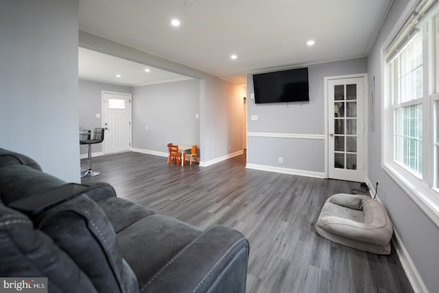 living room with recessed lighting, baseboards, and dark wood-style flooring