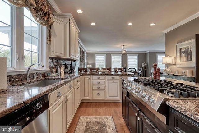 kitchen featuring a healthy amount of sunlight, crown molding, light wood-type flooring, stainless steel appliances, and a sink