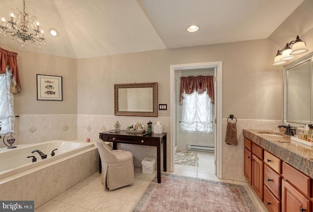 full bath with lofted ceiling, tile patterned floors, a notable chandelier, tile walls, and baseboard heating