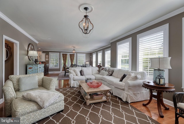 living area featuring plenty of natural light, crown molding, an inviting chandelier, and wood finished floors