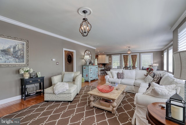 living room with a healthy amount of sunlight, an inviting chandelier, wood finished floors, and ornamental molding