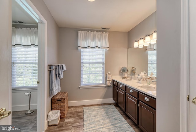 full bathroom with a sink, visible vents, baseboards, and double vanity