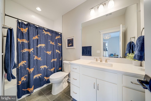 bathroom with tile patterned flooring, visible vents, toilet, vanity, and shower / bathtub combination with curtain