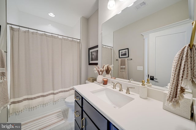 full bath featuring tile patterned floors, visible vents, toilet, and vanity