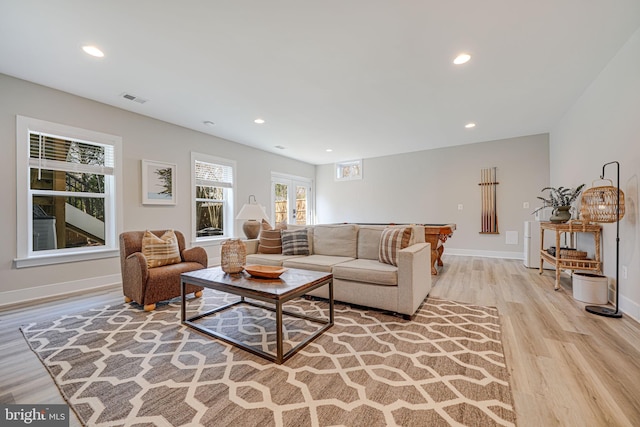 living area with visible vents, baseboards, recessed lighting, pool table, and light wood-style floors