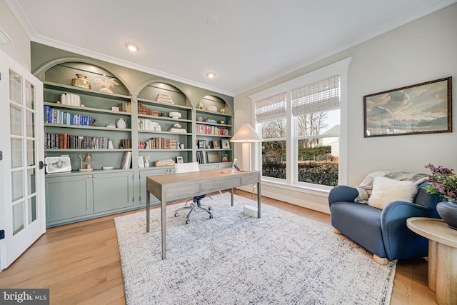 home office with recessed lighting, light wood-type flooring, and ornamental molding