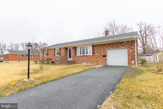 ranch-style house with a front lawn, aphalt driveway, a garage, brick siding, and a chimney