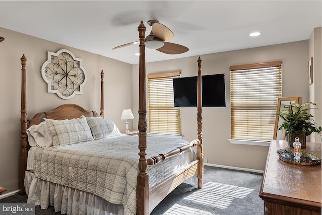 carpeted bedroom featuring multiple windows, recessed lighting, baseboards, and ceiling fan