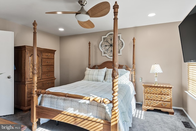 bedroom featuring visible vents, baseboards, dark carpet, recessed lighting, and a ceiling fan