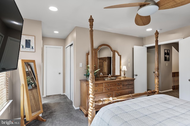 carpeted bedroom with recessed lighting, baseboards, and ceiling fan