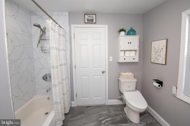 full bathroom with shower / tub combo, toilet, baseboards, and marble finish floor