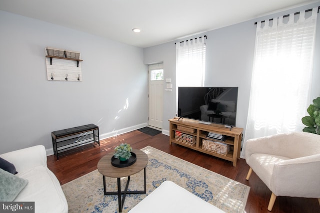 living area with recessed lighting, baseboards, and wood finished floors