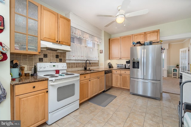 kitchen featuring ceiling fan, a sink, under cabinet range hood, appliances with stainless steel finishes, and tasteful backsplash