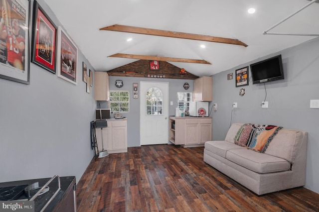 living room featuring dark wood finished floors, lofted ceiling with beams, and recessed lighting