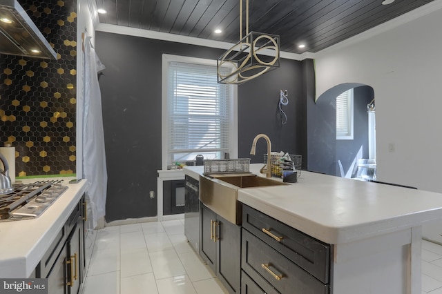228 Cumberland St, Lebanon, PA 17042 - kitchen featuring wood ceiling, arched walkways, appliances with stainless steel finishes, and a healthy amount of sunlight