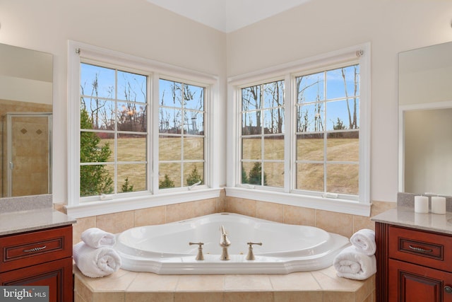 full bathroom featuring vanity, a garden tub, a healthy amount of sunlight, and a stall shower