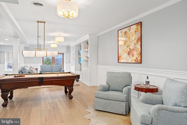 playroom with visible vents, wood finished floors, billiards, and ornamental molding