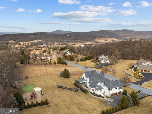 birds eye view of property featuring a mountain view