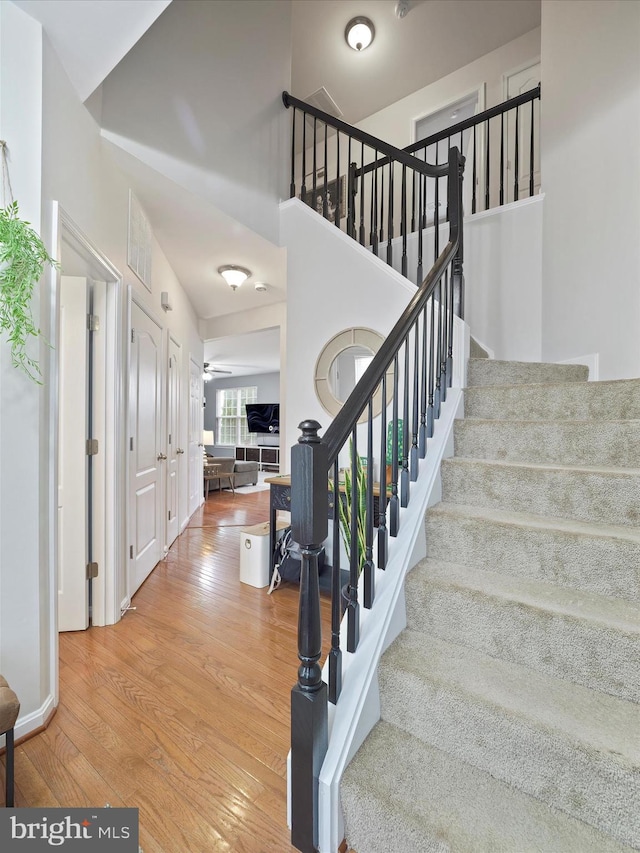 stairs with a high ceiling, wood-type flooring, and ceiling fan