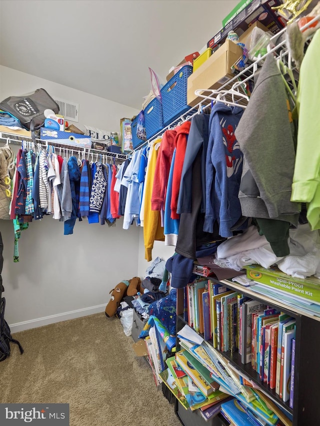 walk in closet featuring carpet flooring