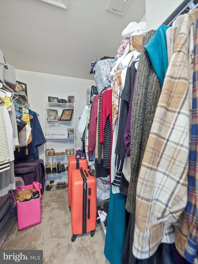 spacious closet featuring visible vents and carpet