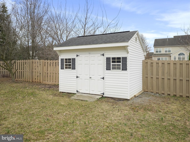 view of shed with a fenced backyard